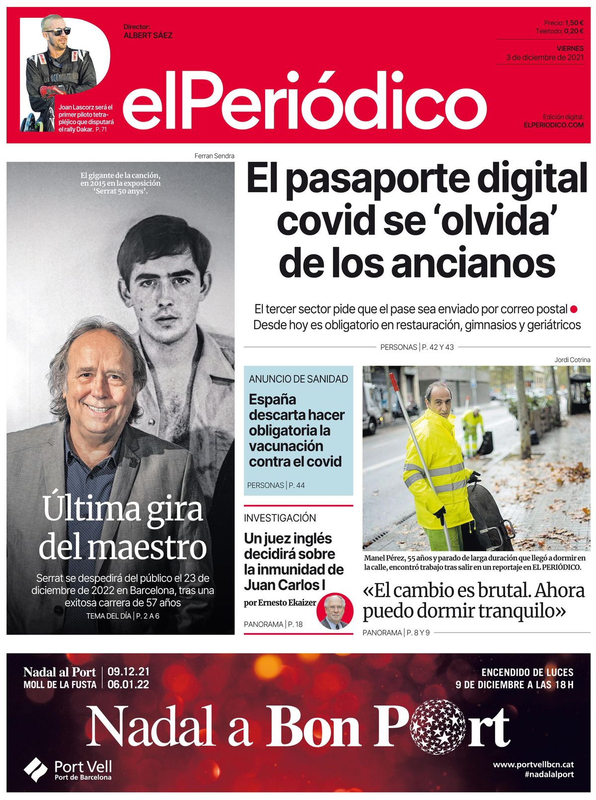 La portada d’EL PERIÓDICO del 3 de desembre del 2021 La portada d’EL PERIÓDICO del 3 de desembre del 2021