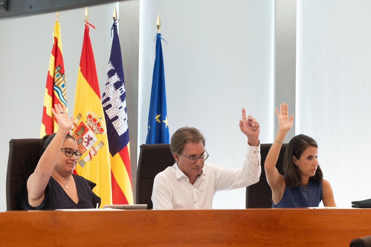 Salvador Losa, en medio, alza la mano en una votación en el Consell.