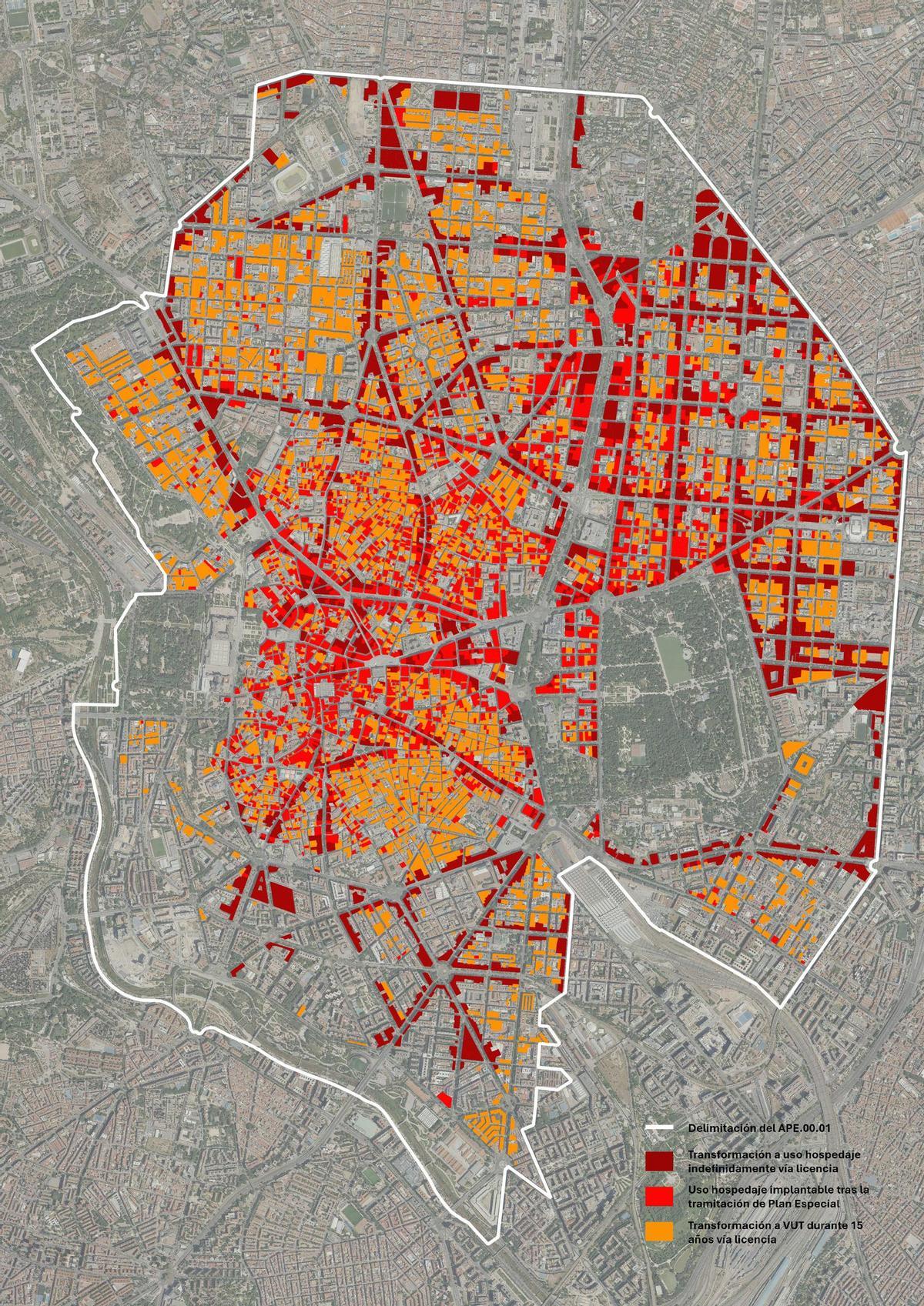Mapa de los inmuebles susceptibles de transformarse en VUT en el APE 00.01.