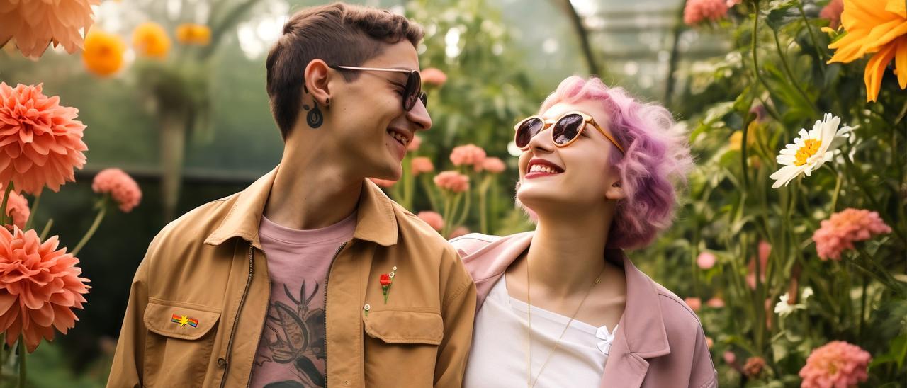 Pareja en un día de primavera, rodeada de flores.