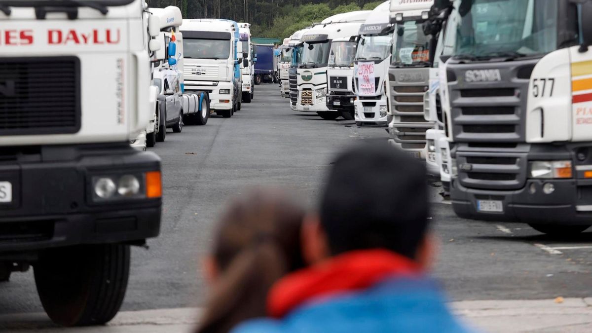 Camiones de mercancías estacionados en un área de descanso.