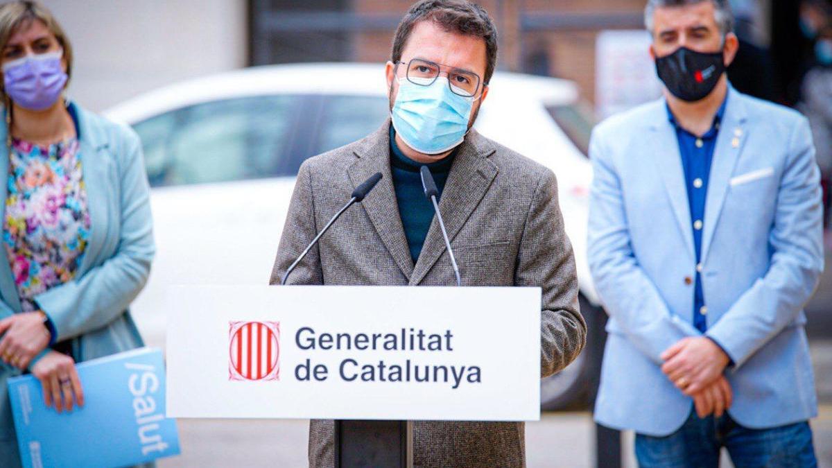 El vicepresident de la Generalitat amb funcions de president, Pere Aragonès, durant la roda de premsa