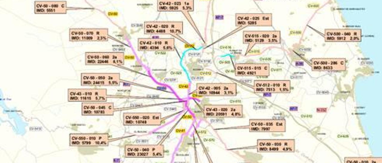 El tráfico aumenta en la CV-50 y el entorno de Alzira pero baja en el litoral de Sueca