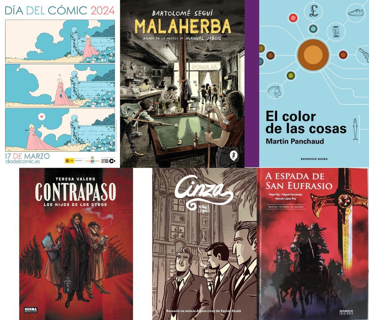 Varios libros recomendados con motivo del Día del Cómic y del Tebeo 2024, a la dereha, arriba, cartel de Borja Pérez, Premio nacional del Cómic en 2023.