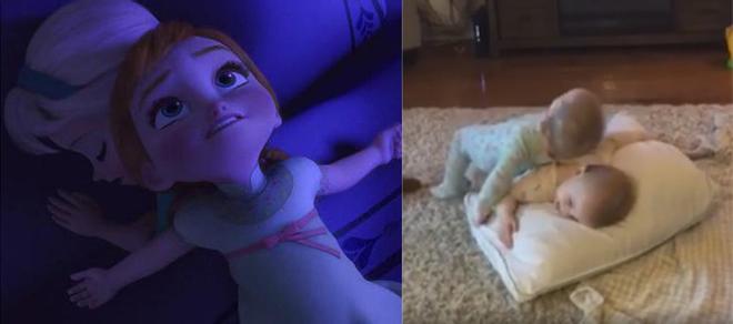 Escena Elsa y Ana de 'Frozen' y unas gemelas imitándolas