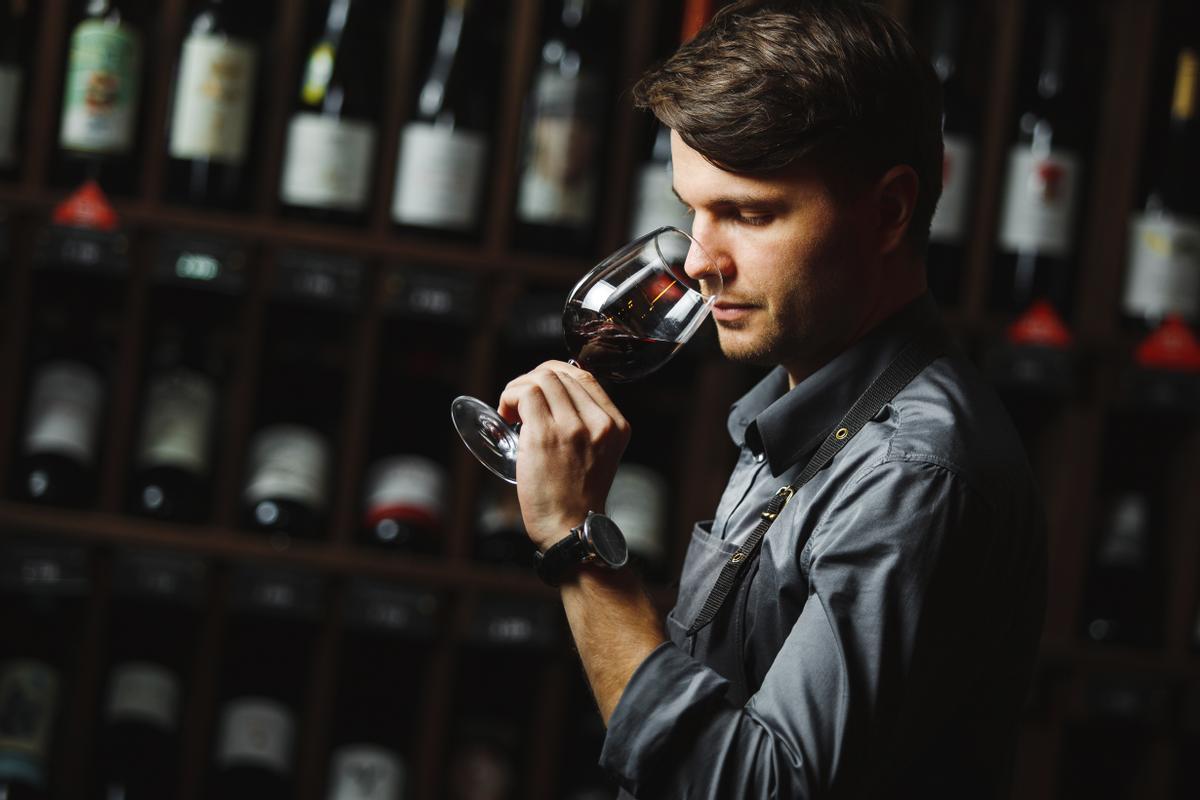 Un hombre cata una copa de vino.