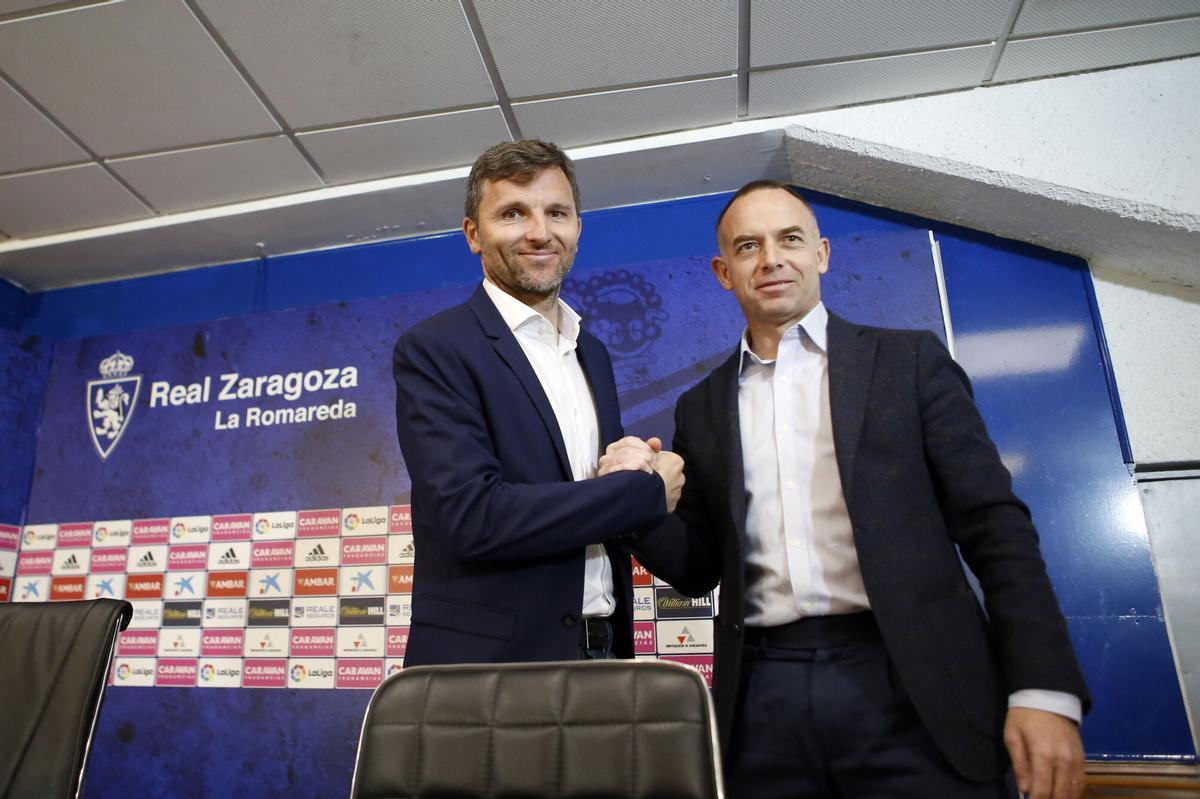 RUEDA DE PRENSA DE PRESENTACION DE LA RENOVACION DE LALO ARANTEGUI (IZDA) COMO DIRECTOR DEPORTIVO DEL REAL ZARAGOZA. JUNTO A EL, CHRISTIAN LAPETRA, PRESIDENTE DEL CLUB. FUTBOL. EQUIPOS FUTBOL. REAL ZARAGOZA
