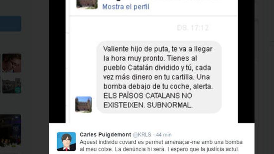 Piulada del president de la Generalitat que denuncia que un individu l&#039;amenaça de posar-li una bomba al cotxe.