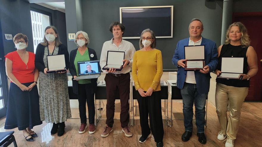 Aída Alzola, Pilar del Águila, Inmaculada Pérez del Toro, Lorenzo Armenteros (en videoconferencia), Juan Francisco Vigueras, María Camino Burgos, José Barroso y Carmen Linares, ayer, en el Colegio Oficial de Médicos de Las Palmas.