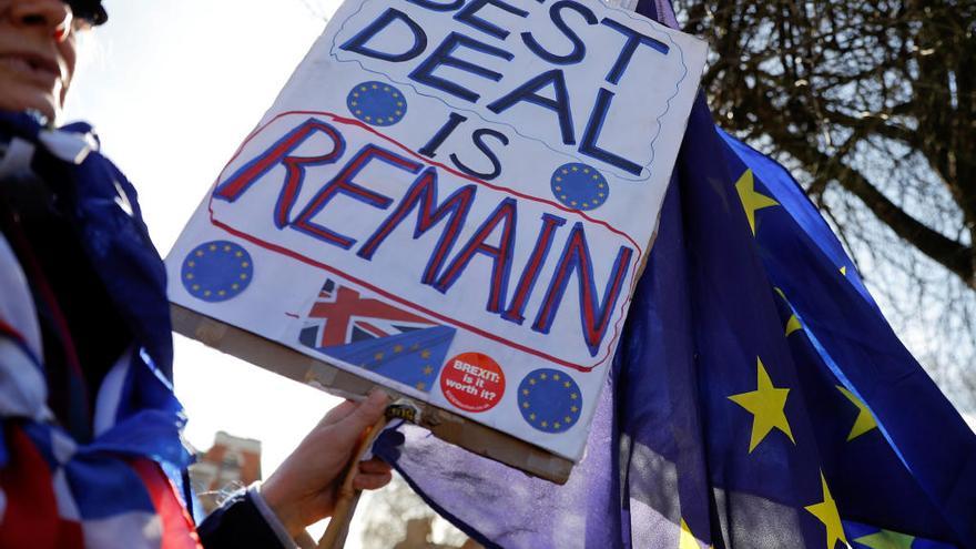 Una mujer protesta contra el Brexit ante las puertas del Parlamento.