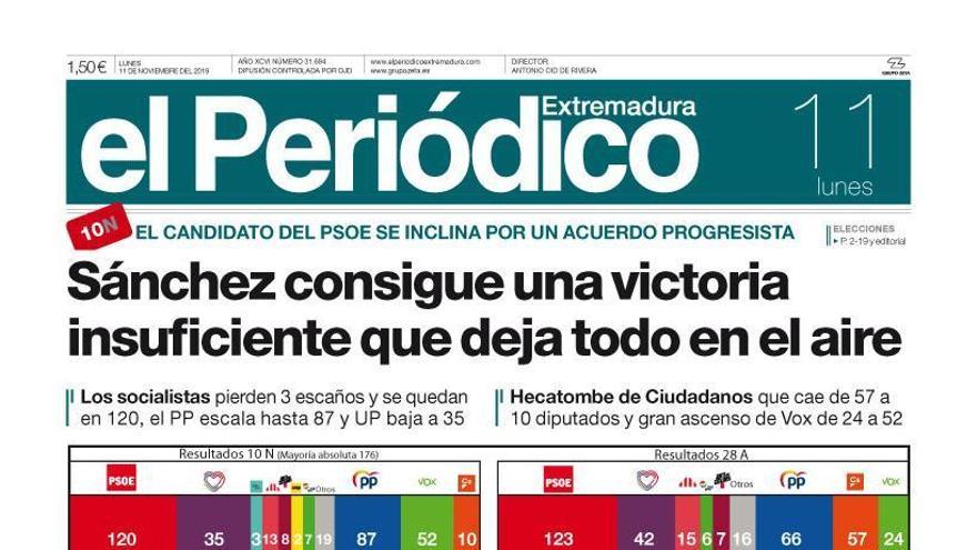 Esta es la portada de EL PERIÓDICO EXTREMADURA correspondiente al día 11 de noviembre del 2019