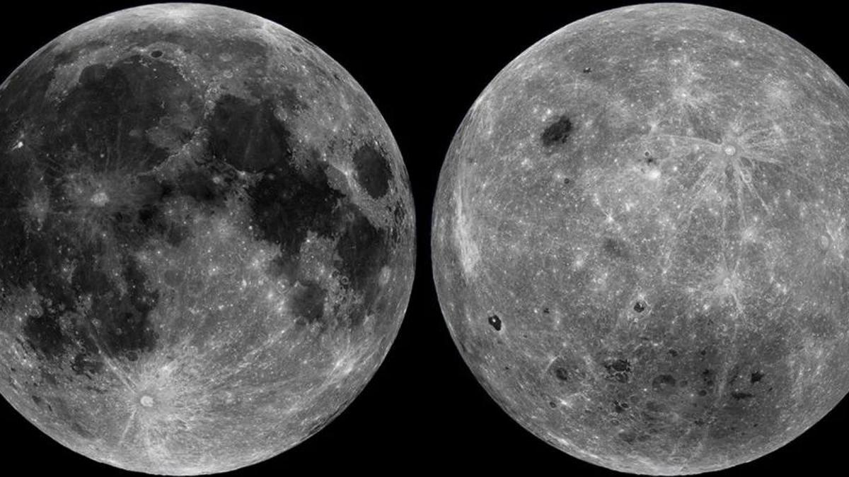Vistas de la Luna: el lado cercano, a la izquierda, y el lado oculto, a la derecha. Se obtuvieron a partir de observaciones hechas por el Orbitador de Reconocimiento Lunar de la NASA.
