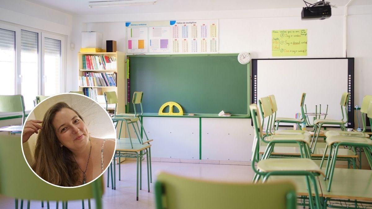 Sara Marrodán, profesora en Cáceres junto a una clase vacía.