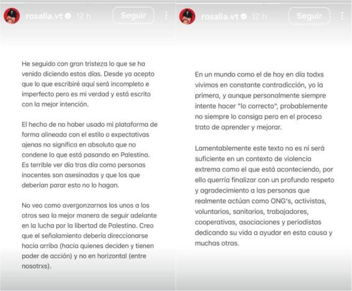 Comunicado de Rosalía en Instagram sobre la masacre del pueblo palestino.