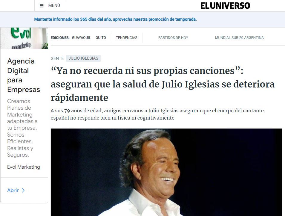 Un medio sudamericano reportando los supuestos problemas de salud de Julio Iglesias