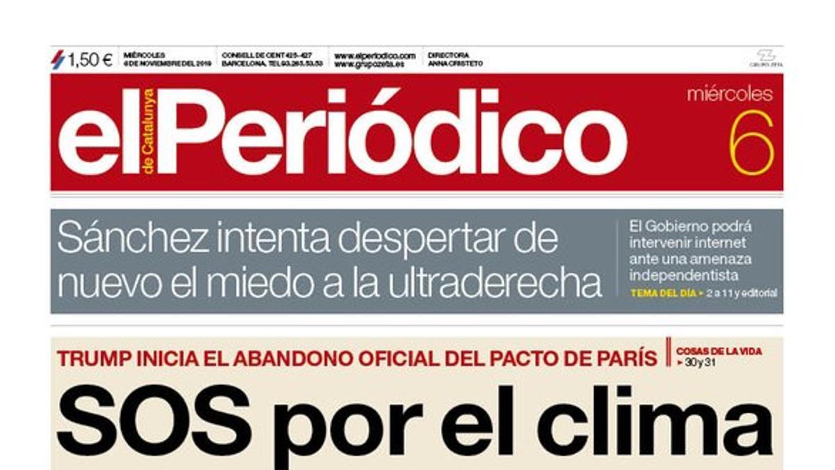 La portada de EL PERIÓDICO del 6 de noviembre del 2019