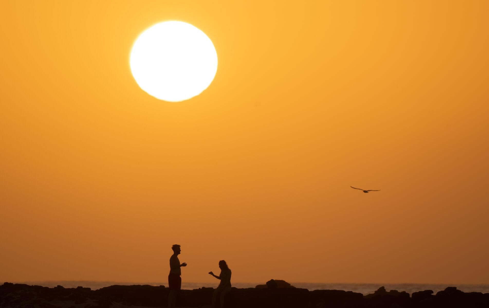Dos personas en la playa de La Concha, en el municipio de La Oliva, en Fuerteventura, en una jornada en la que comienza a encaminarse a un episodio de calor extremo en los próximos días. EFE/Carlos de Saá