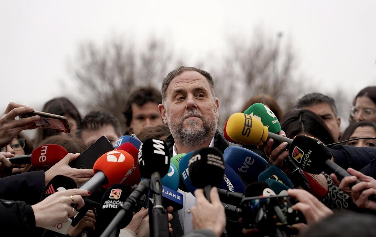 Oriol Junqueras, presidente de ERC, durante unas declaraciones después de la reunión con Pedro Sánchez, en Moncloa