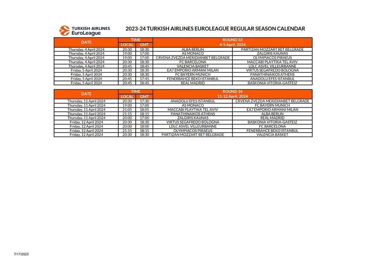 2023-24 TURKISH AIRLINES EUROLEAGUE REGULAR SEASON CALENDAR - Pg 9