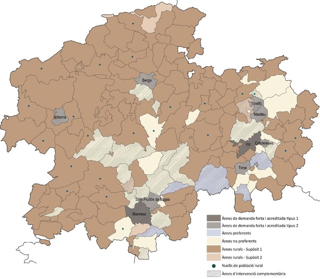 Mapa de la Catalunya Central amb els municipis catalogats segons la demanda d&#039;habitatge social