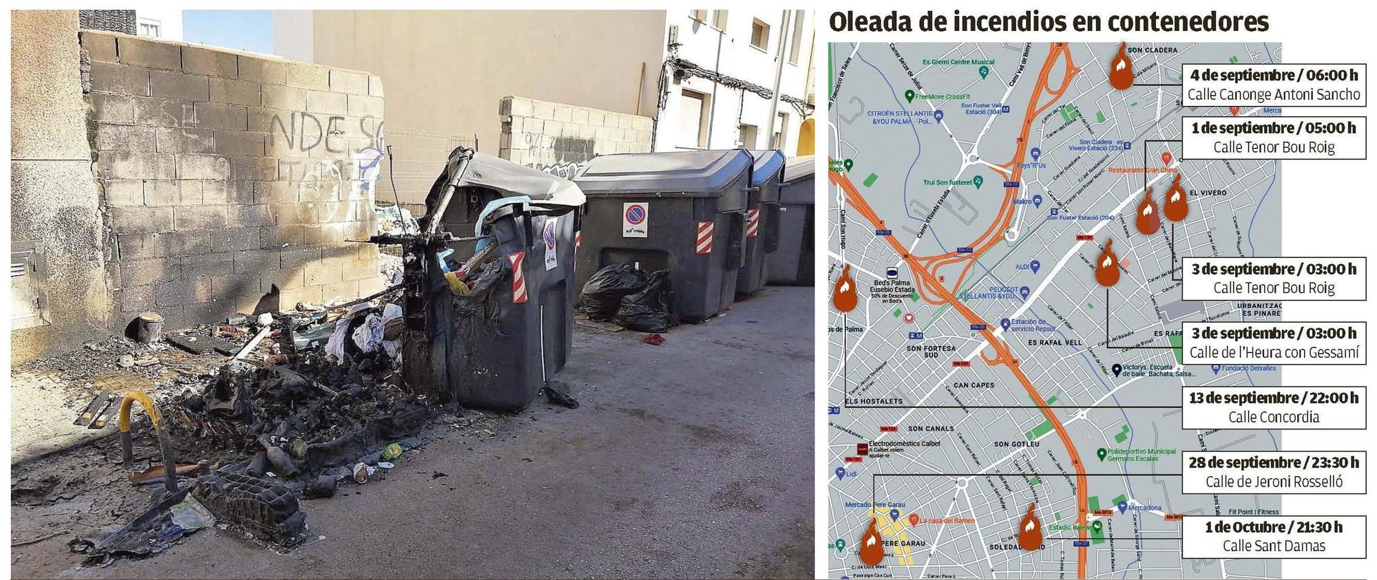 El último contenedor de basura destruido por el fuego, en la calle Sant Damas de Palma.