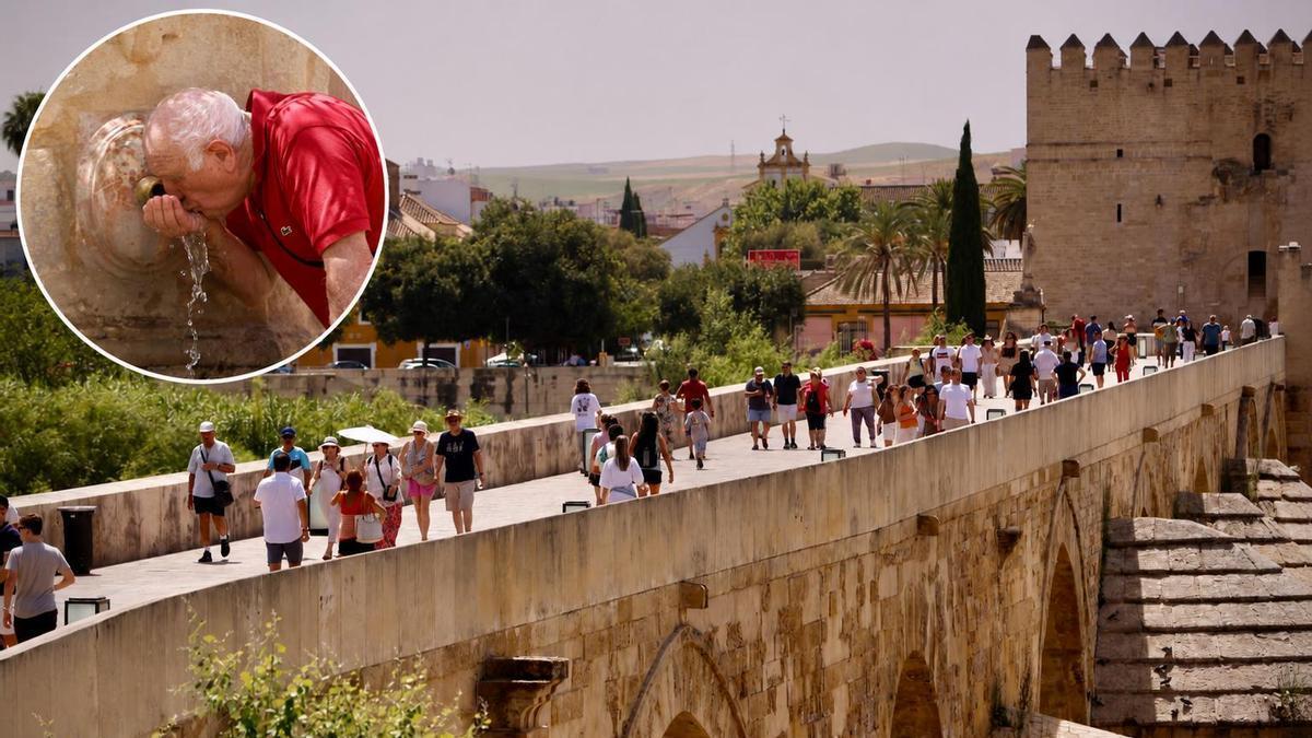 En la imagen grande, varias personas caminan por el Puente Romano bajo el fuerte sol cordobés. En la imagen pequeña, un hombre se refresca en una fuente.