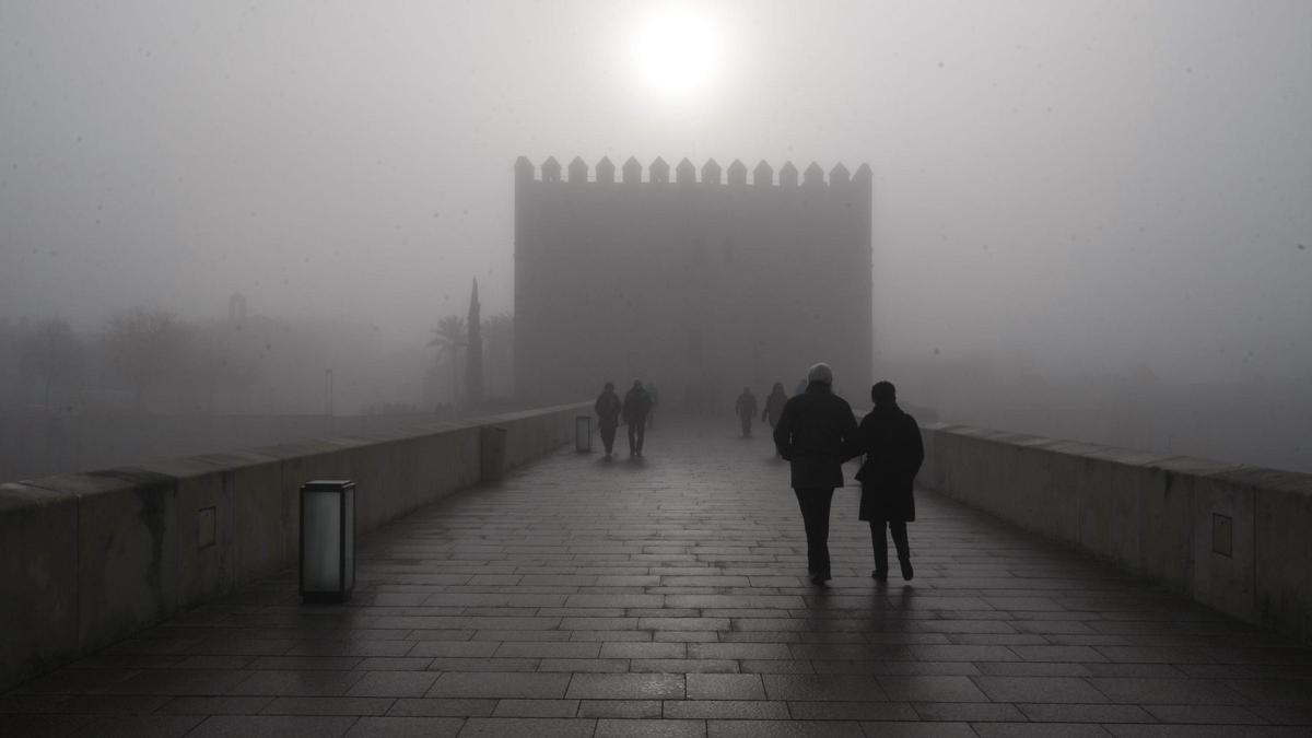 Frío y niebla en el Puente Romano de Córdoba.