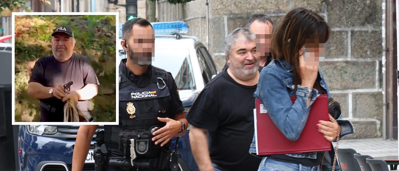 Manuel Baña, acompañado por agentes en el registro de su domicilio y en el recuadro, captura del vídeo grabado por la víctima de Castrelos, con la pistola con la que disparó