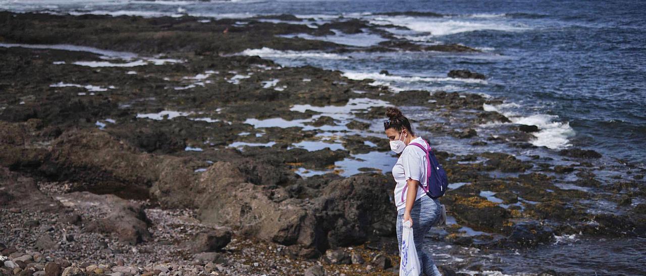 Una mujer participa en un operativo de limpieza en Punta del Hidalgo (La Laguna).