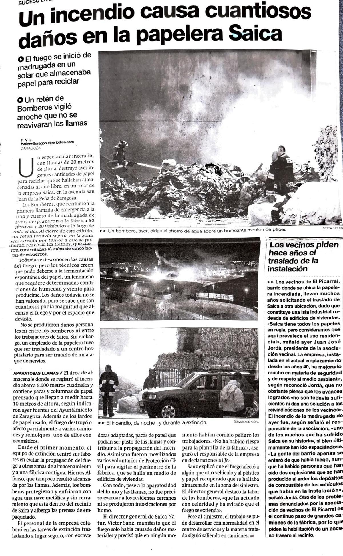 Crónica de EL PERIÓDICO DE ARAGÓN sobre el incendio de Saica en febrero de 2009.