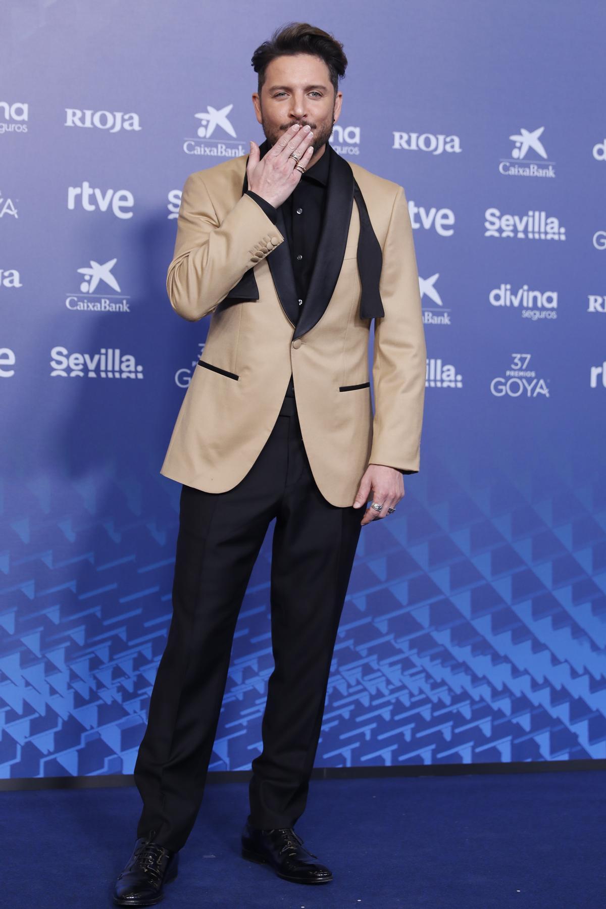 SEVILLA 11/02/2023.- El cantante Manuel Carrasco posa para los medios gráficos en la alfombra roja de la XXXVII Gala de los Premios de la Academia de Cine, los Goya, que se celebra este sábado en el Palacio de Congresos y Exposiciones FIBES de Sevilla. EFE/ Jorge Zapata