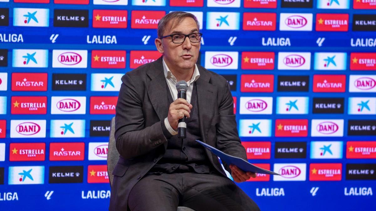 Fran Garagarza, director deportivo, en una rueda de prensa con el RCD Espanyol