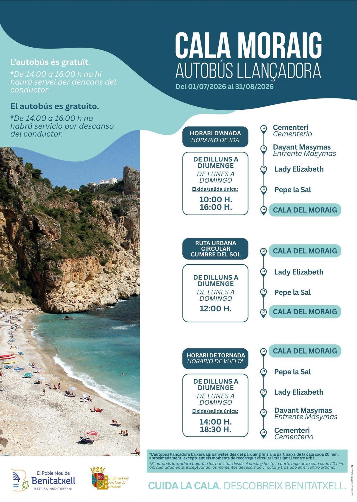 Paradas y horarios del autobús de la cala del Moraig