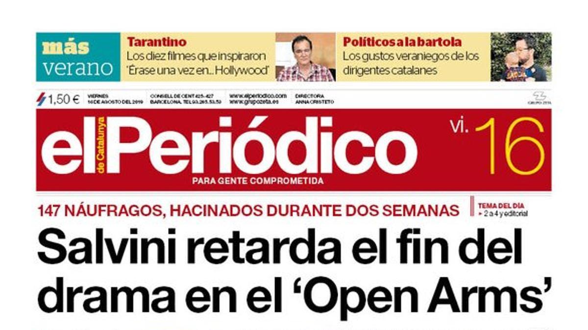 La portada de EL PERIÓDICO del 16 de agosto del 2019