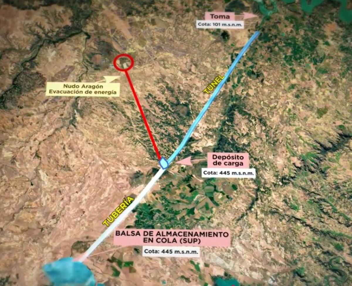Mapa explicativo de las infraestructuras del proyecto de central hidroeléctrica reversible planteado entre Mequinenza y Alcañiz.