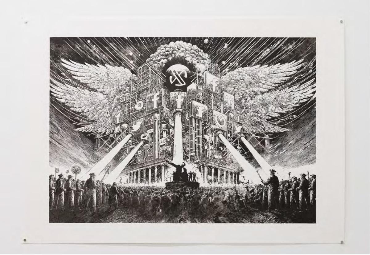 "Arquitecturas de poder, catedrales del algoritmo", dibujo robótico en tinta sobre papel de Daniel G. Andújar en ARCO