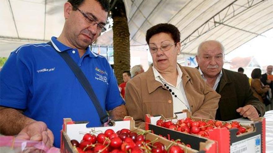 Un grupo de asistentes a la fiesta, comprando cajas de cerezas del Jerte.