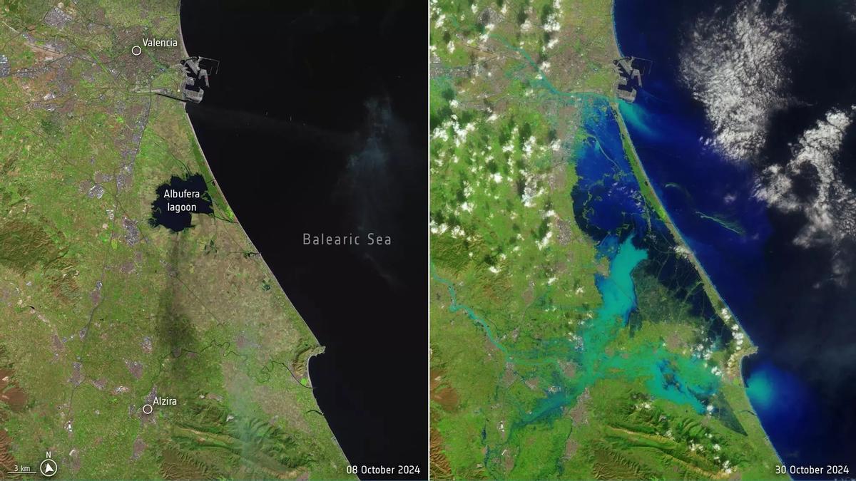 La Agencia Espacial Europea facilitó el pasado 31 de octubre esta foto de satélite de la extensión afectada por las inundaciones en Valencia.
