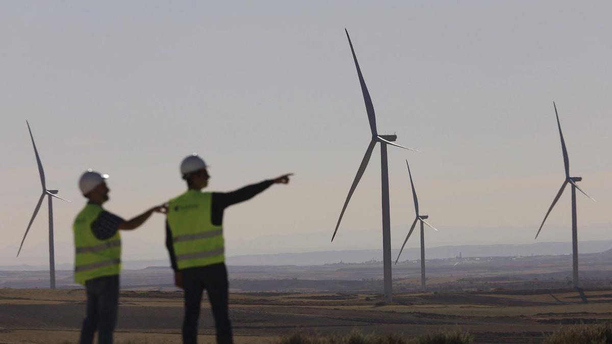 Dos técnicos de Forestalia observan un parque de aerogeneradores de la compañía en Aragón.