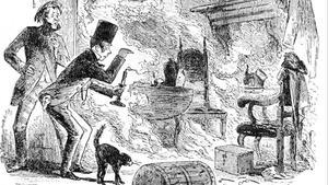 Ilustración de Phiz para  la novela de Charles Dickens,  ’Casa desolada’  (1852),  en la que dos personajes encuentran al trapero Krook calcinado por combustión espontánea.