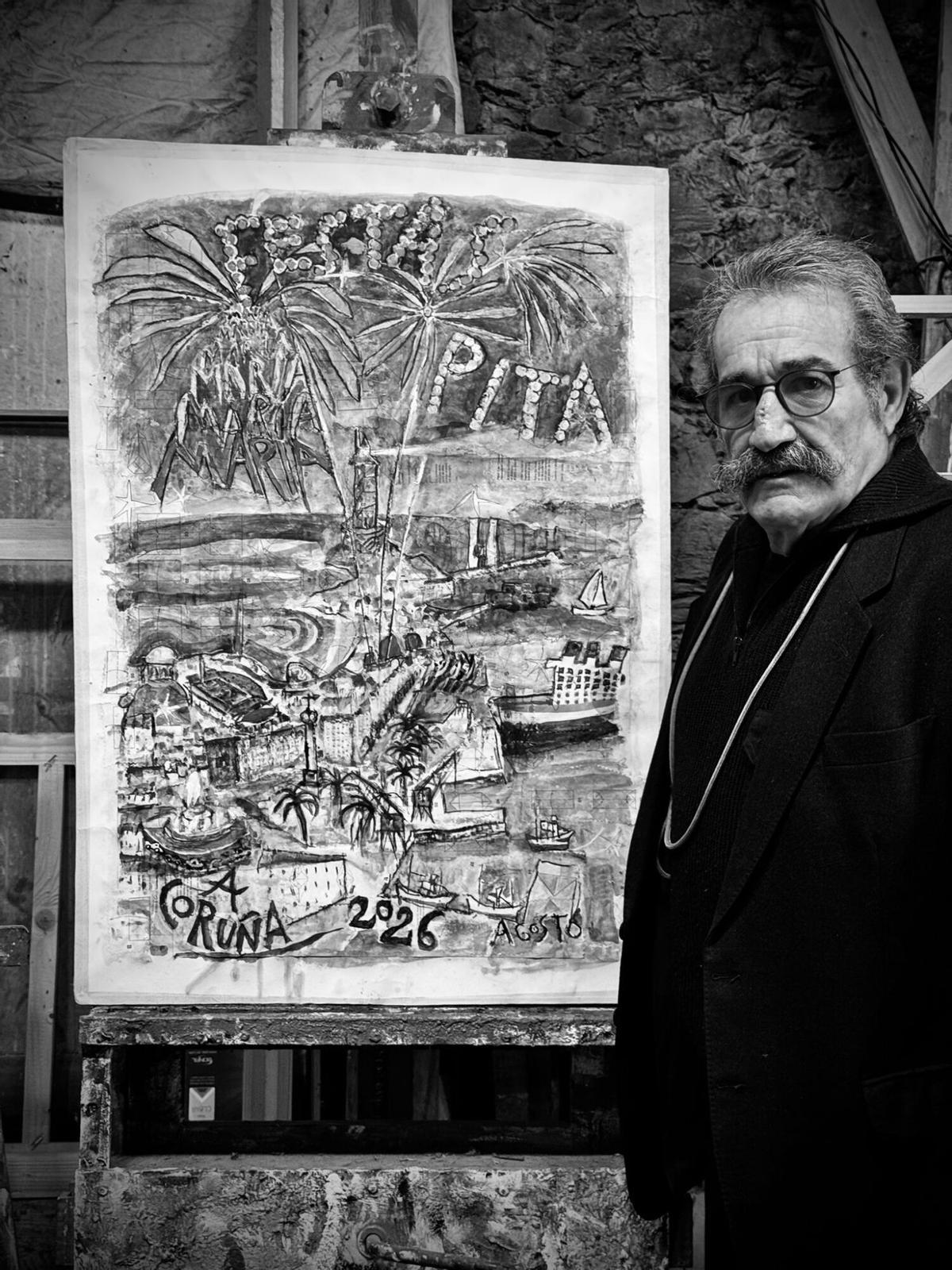 El pintor Correa Corredoira posa junto al carte de las fiestas de María Pita.