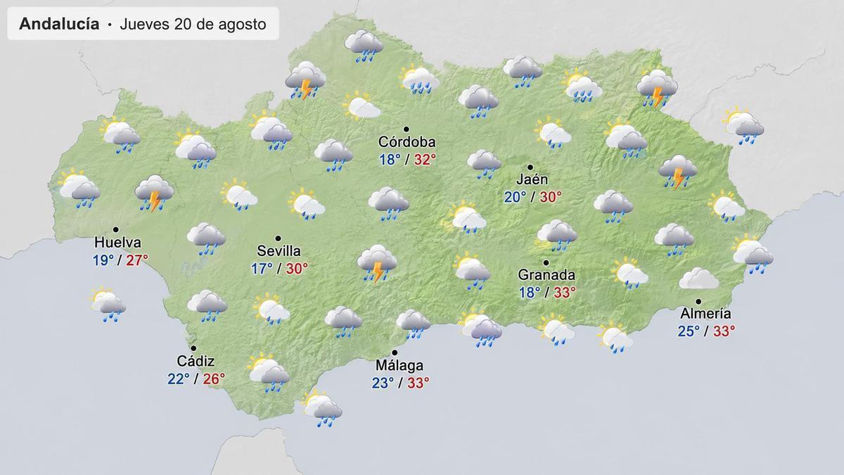 Mapa de la previsión para Andalucía para este jueves generado por IA con datos de la Aemet.