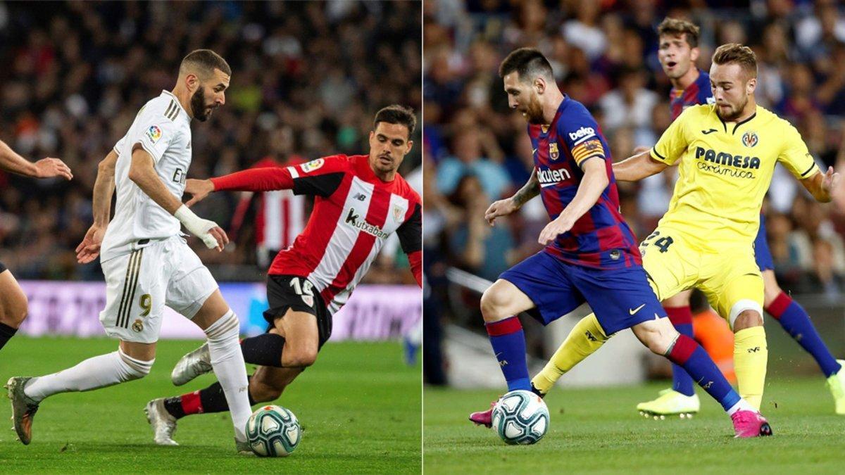 Karim Benzema en el Real Madrid-Athletic Club (izquierda) y Leo Messi en el Barça-Villarreal de la primera vuelta de La Liga 2019/20