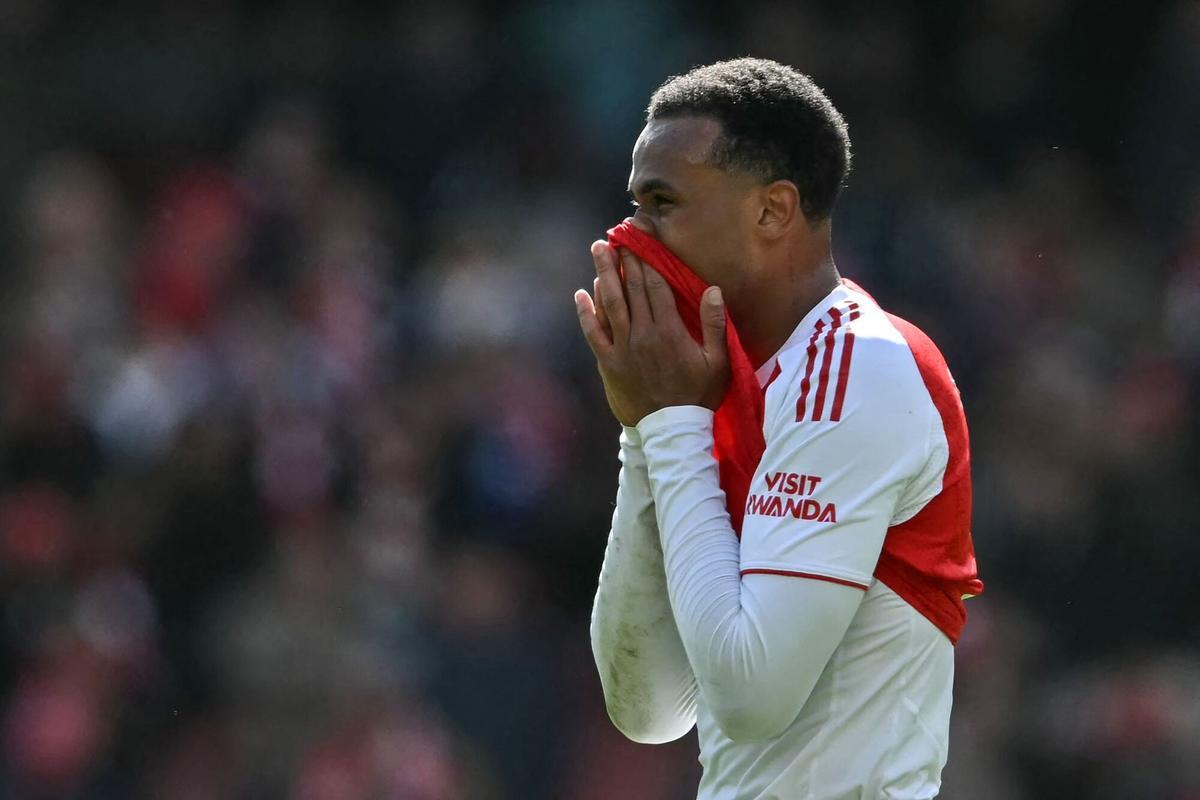 Arsenal's Brazilian defender #06 Gabriel Magalhaes reacts at the final whistle during the English Premier League football match between Arsenal and Bournemouth at the Emirates Stadium in London on April 11, 2026. (Photo by Glyn KIRK / AFP) / RESTRICTED TO EDITORIAL USE. No use with unauthorized audio, video, data, fixture lists, club/league logos or 'live' services. Online in-match use limited to 120 images. An additional 40 images may be used in extra time. No video emulation. Social media in-match use limited to 120 images. An additional 40 images may be used in extra time. No use in betting publications, games or single club/league/player publications. /. SEE CAPTION FOR MORE INFORMATION / RESTRICTED TO EDITORIAL USE. No use with unauthorized audio, video, data, fixture lists, club/league logos or 'live' services. Online in-match use limited to 120 images. An additional 40 images may be used in extra time