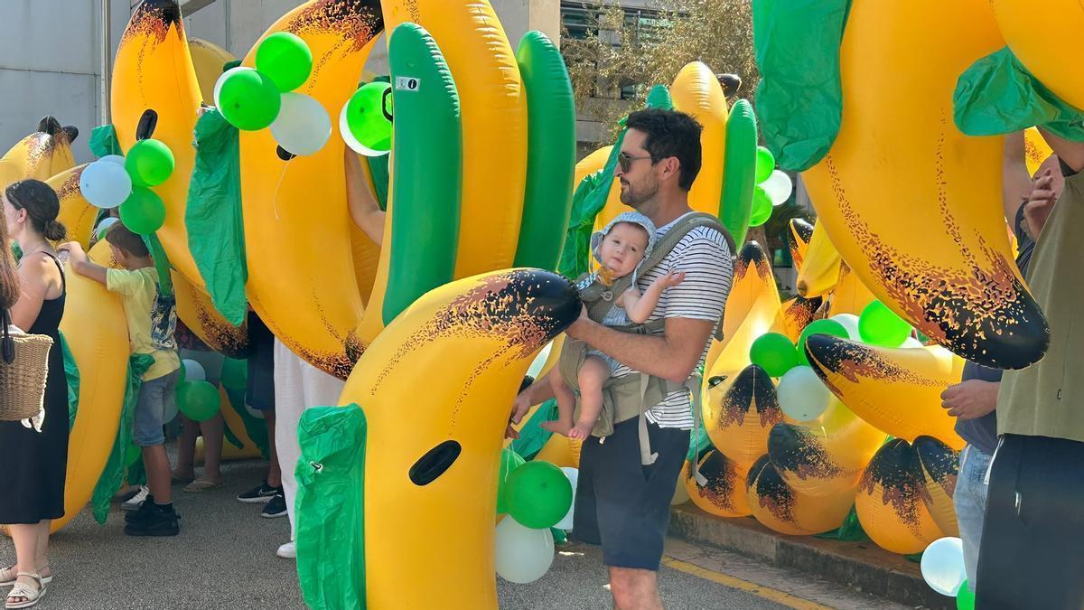 Un padre protesta con su bebé frente a las puertas de la Conselleria de Educación.
