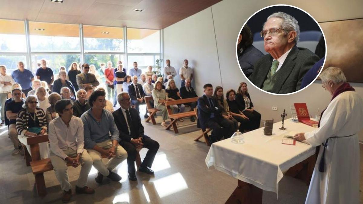 La familia de Antonio Landeta, en primera fila, durante las honras fúnebres en el tanatorio. En el círculo, Landeta.