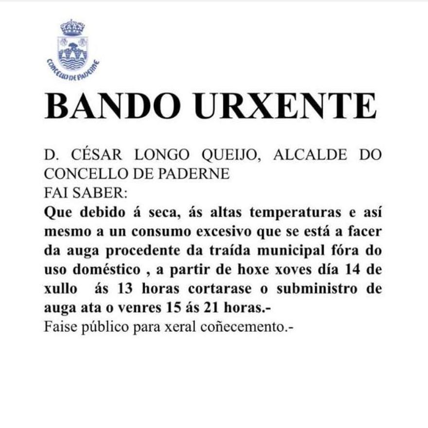 Bando urgente que emitió ayer el Concello de Paderne