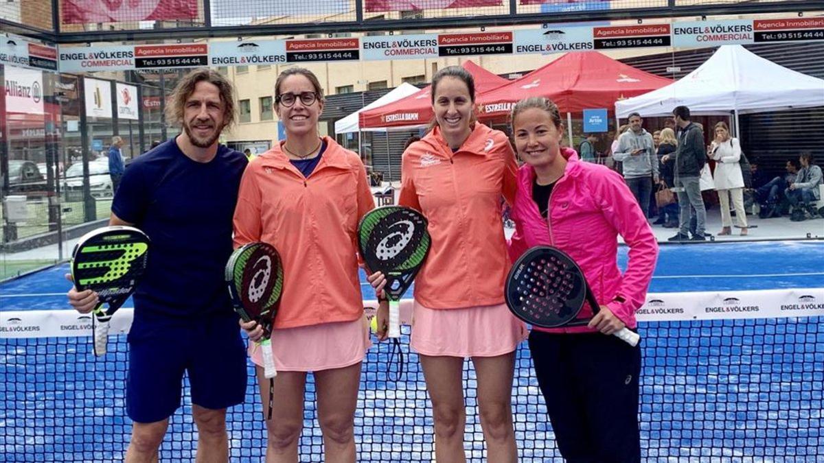 Carles Puyol, Lucía Sainz, Gemma Triay y su entrenadora Marcela Ferrari en la presentación