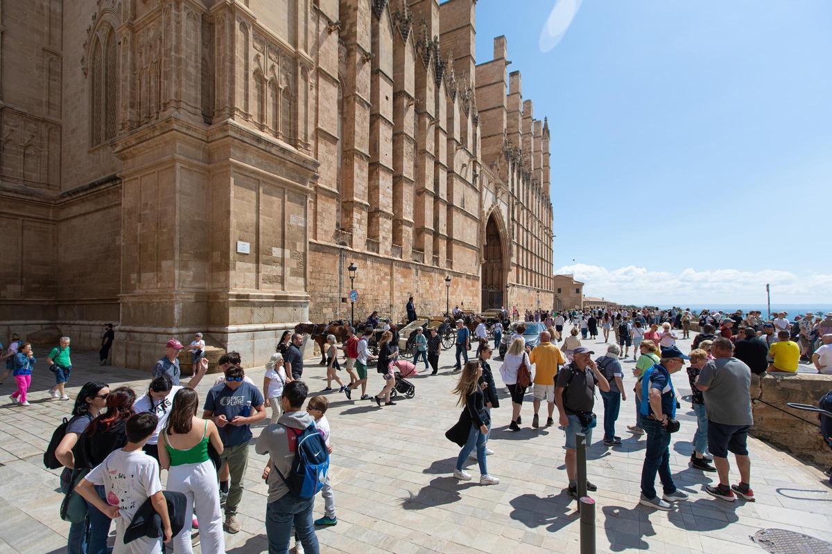 Varios turistas en las inmediaciones de la catedral de Palma de Mallorca.