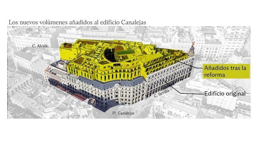 Infografía de los volúmenes que se construyeron encima del edificio original de Centro Canalejas